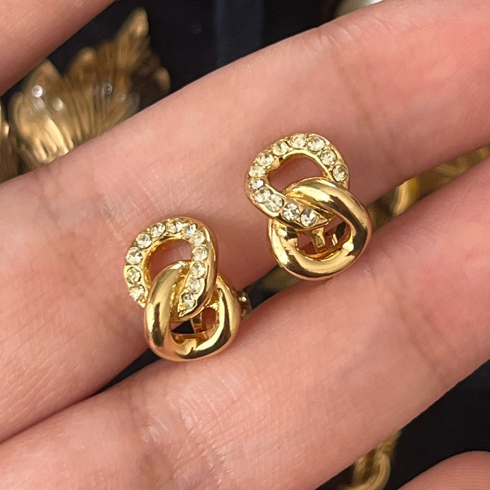Vintage Christian Dior Chain Knot Rope Rhinestone Glossy Gold Mini Clip Earrings